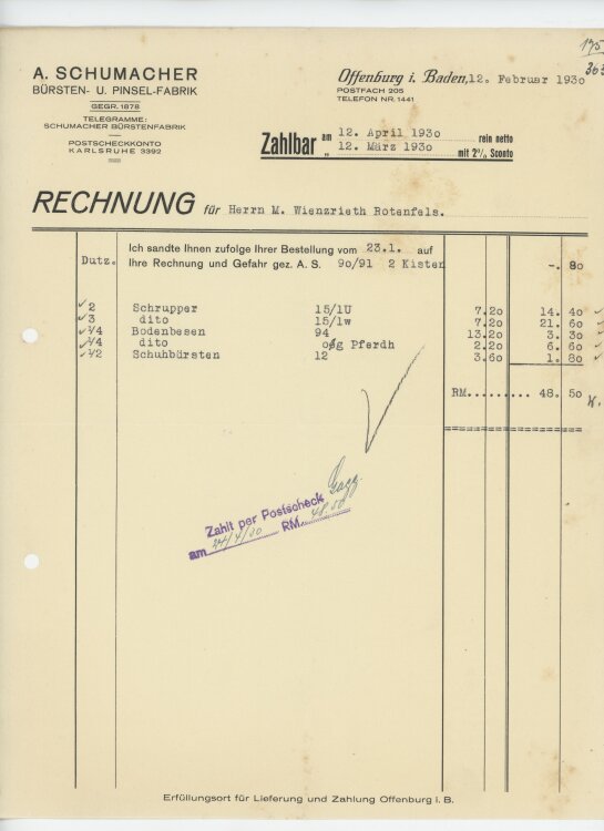 Firma M. Winzrieth (Kaufhaus)an A. Schumacher Bürsten u. Pinselfabrik- Rechnung - 12.02.1930