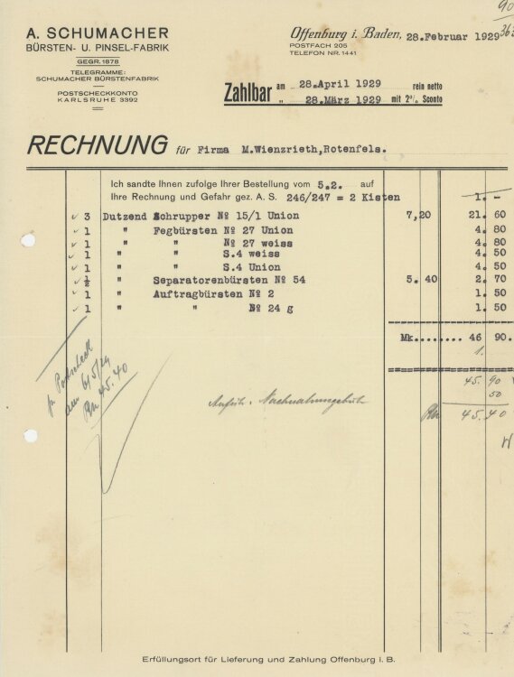 Firma M. Winzrieth (Kaufhaus)an A. Schumacher Bürsten u. Pinselfabrik- Rechnung - 28.02.1929