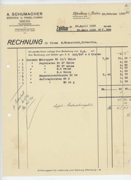 Firma M. Winzrieth (Kaufhaus)an A. Schumacher Bürsten u. Pinselfabrik- Rechnung - 28.02.1929