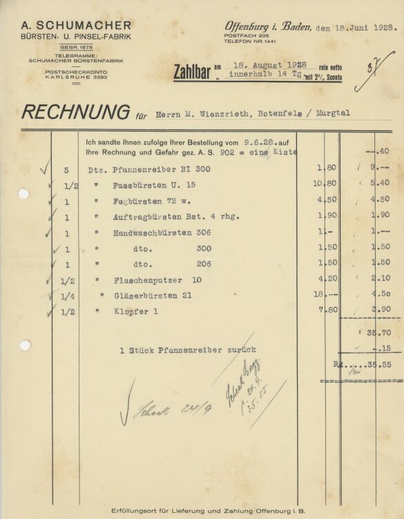 Firma M. Winzrieth (Kaufhaus)an A. Schumacher Bürsten u. Pinselfabrik- Rechnung - 18.06.1928