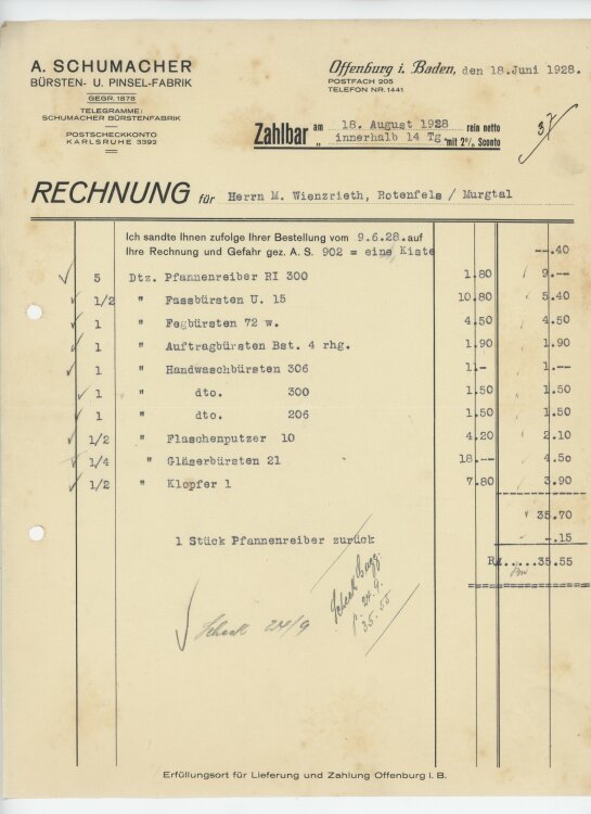 Firma M. Winzrieth (Kaufhaus)an A. Schumacher Bürsten u. Pinselfabrik- Rechnung - 18.06.1928