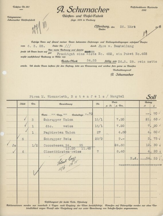 Firma M. Winzrieth (Kaufhaus)an A. Schumacher...