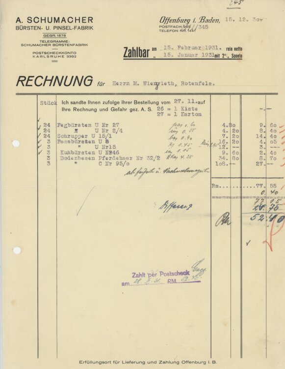 Firma M. Winzrieth (Kaufhaus)an A. Schumacher Bürsten u. Pinselfabrik- Rechnung - 15.12.1930