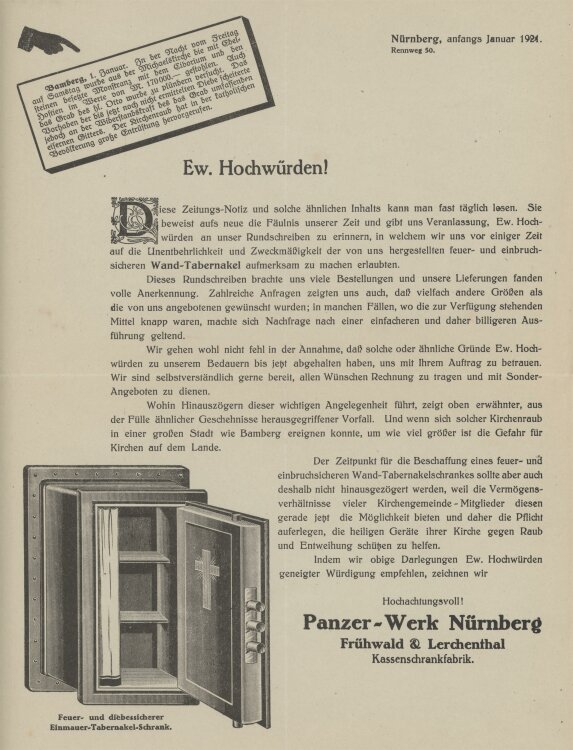 Panzer-Wark Frühwald & Lerchenthal Kassenschrankfabrik - Werbung - Januar 1924