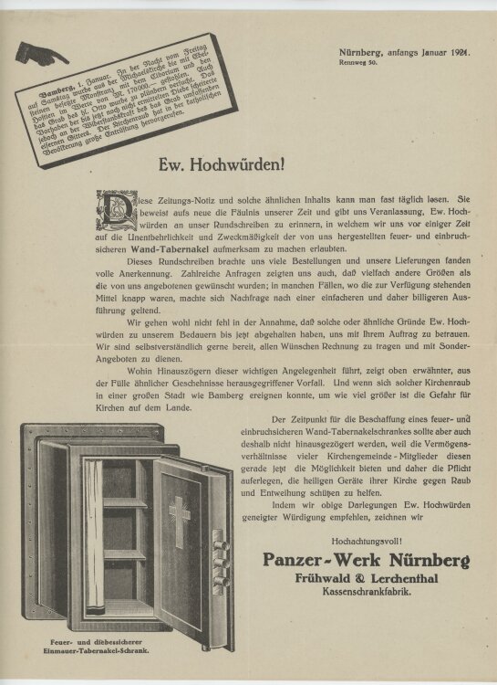 Panzer-Wark Frühwald & Lerchenthal Kassenschrankfabrik - Werbung - Januar 1924