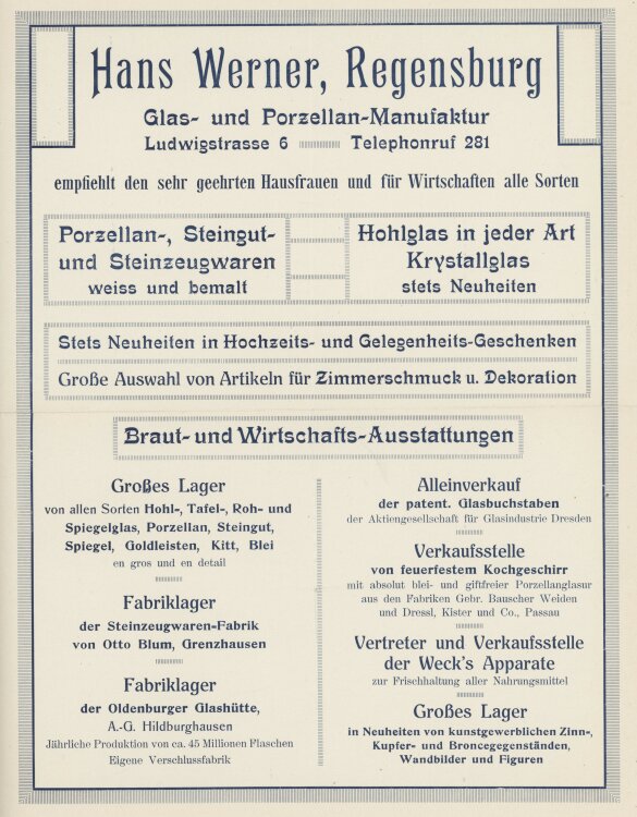 Hans Werner Glas- und Porzellan-Manufaktur - Werbung -...