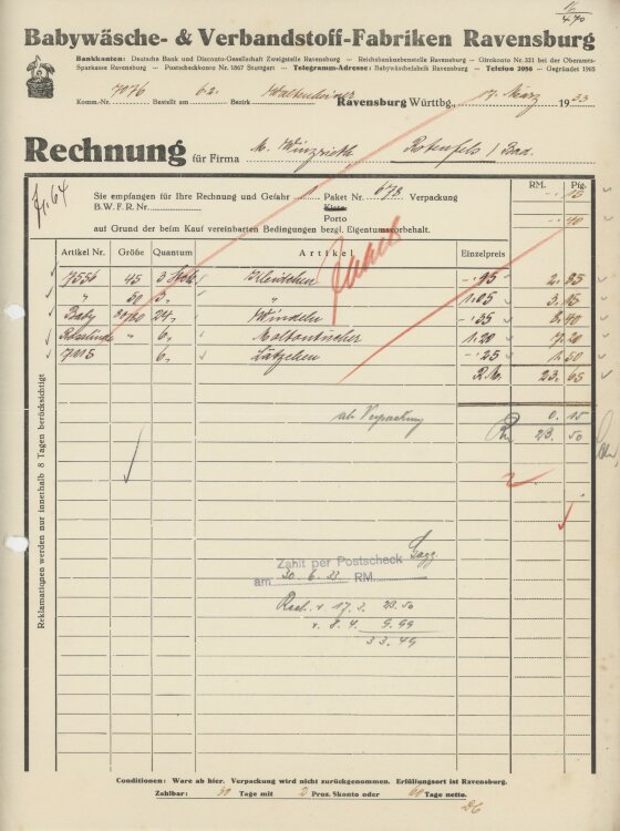 Firma M. Winzrieth (Kaufhaus)an Baby-Waesche- Verbandstoff-Fabriken- Rechnung - 17.03.1933