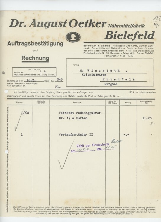 Firma M. Winzrieth (Kaufhaus)an Dr. August Oetker Nährmittelfabrik- Rechnung - 26.03.1930