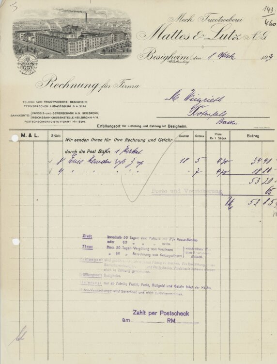 Firma M. Winzrieth (Kaufhaus)an Mechanische Tricotweberei Mattes & Lutz- Rechnung - 08.10.1929