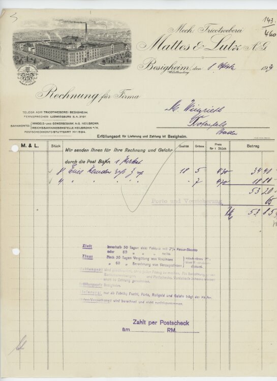 Firma M. Winzrieth (Kaufhaus)an Mechanische Tricotweberei Mattes & Lutz- Rechnung - 08.10.1929