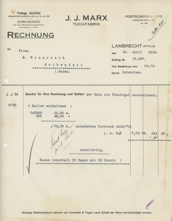 Firma M. Winzrieth (Kaufhaus)an J. J. Marx Tuchfabrik- Rechnung - 19.04.1928