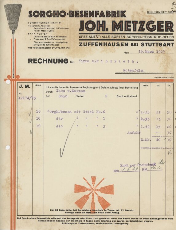 Firma M. Winzrieth (Kaufhaus)an Sorgho-Besenfabrik- Rechnung - 16.03.1929