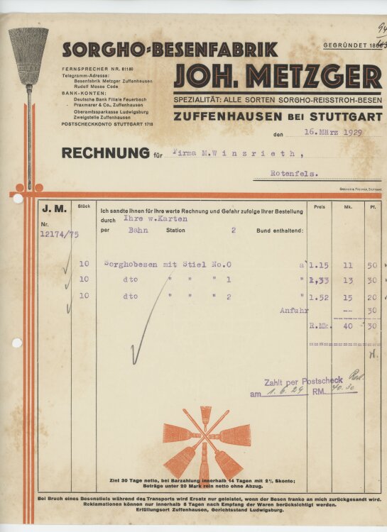 Firma M. Winzrieth (Kaufhaus)an Sorgho-Besenfabrik- Rechnung - 16.03.1929