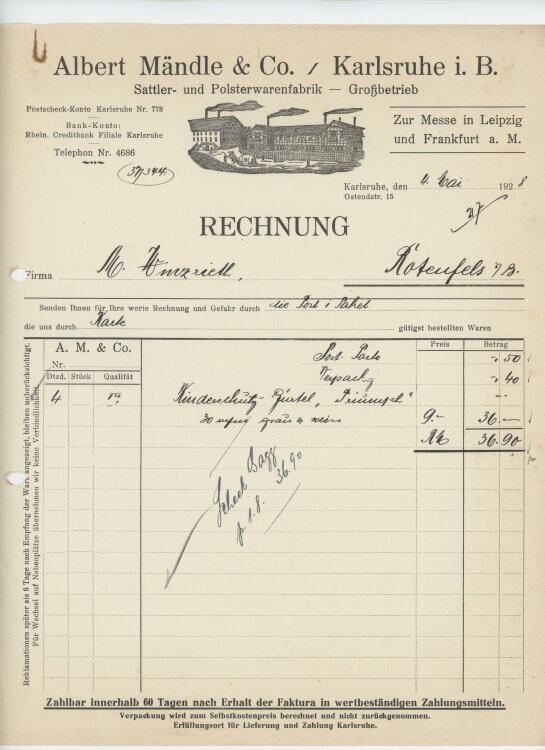 Firma M. Winzrieth (Kaufhaus)an Albert Mändle & Co- Rechnung - 04.05.1928