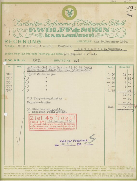 Firma M. Winzrieth (Kaufhaus)an Parfümerie- & Toilettenseifn-Farbik F. Wolff & Sohn- Rechnung - 29.11.1929