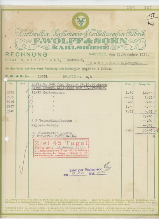 Firma M. Winzrieth (Kaufhaus)an Parfümerie- & Toilettenseifn-Farbik F. Wolff & Sohn- Rechnung - 29.11.1929