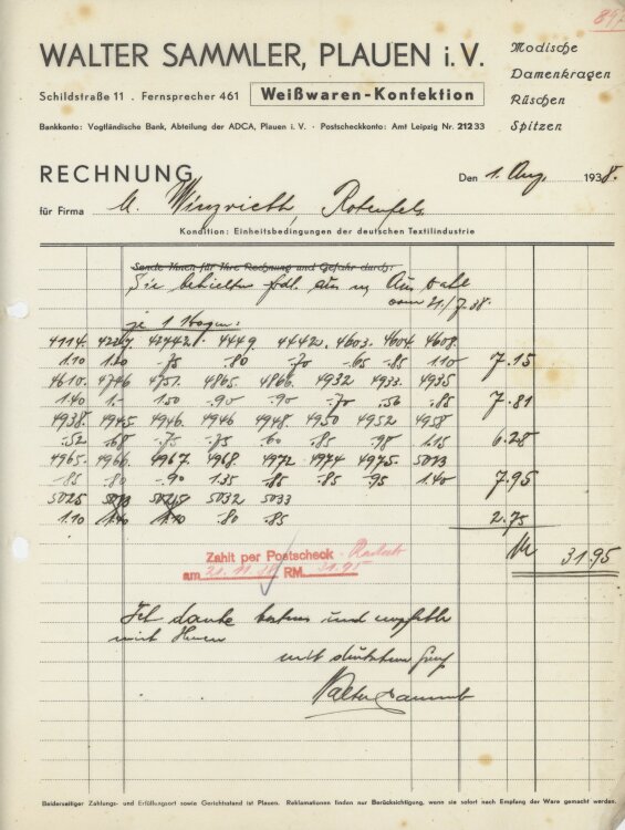 Firma M. Winzrieth (Kaufhaus)an Walter Sammler- Rechnung - 01.08.1938