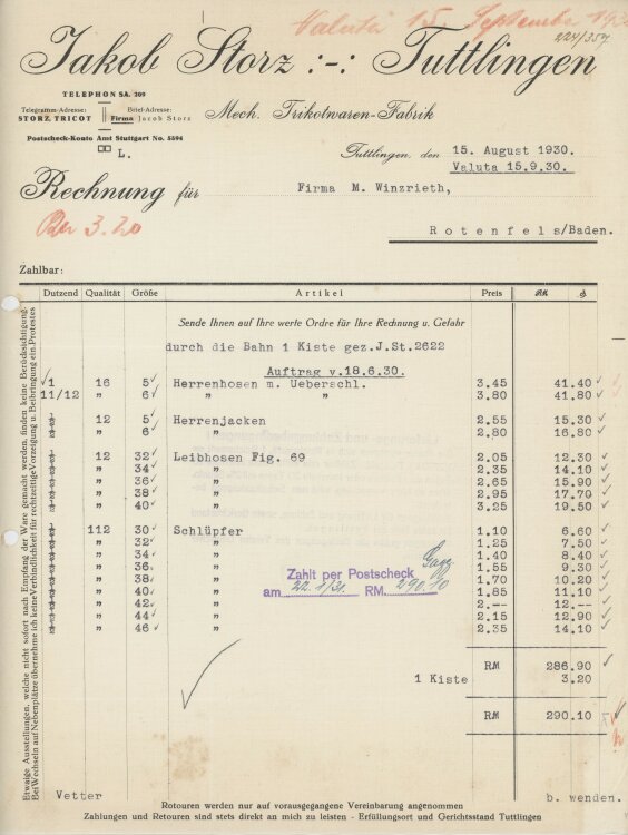 Firma M. Winzrieth (Kaufhaus)an Jakob Storz- Rechnung - 15.08.1930