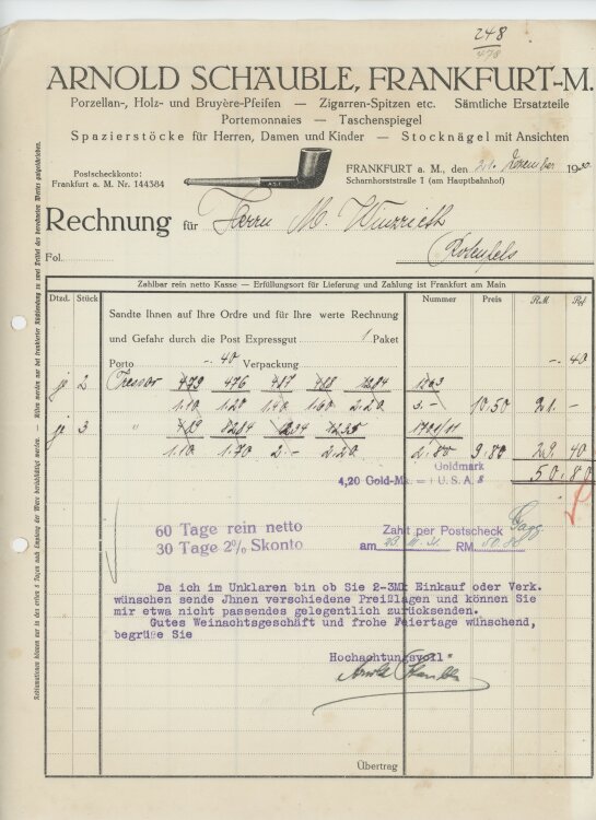 Firma M. Winzrieth (Kaufhaus)an Arnold Schäuble- Rechnung - 21.12.1930