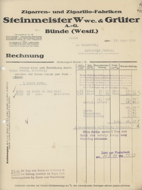 Firma M. Winzrieth (Kaufhaus)an Steinmeister Wwe. & Grüter- Rechnung - 19.03.1929