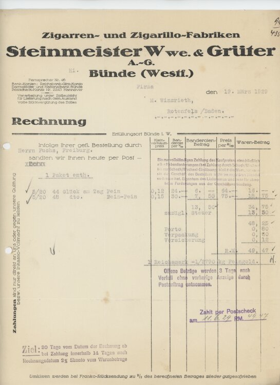 Firma M. Winzrieth (Kaufhaus)an Steinmeister Wwe. & Grüter- Rechnung - 19.03.1929