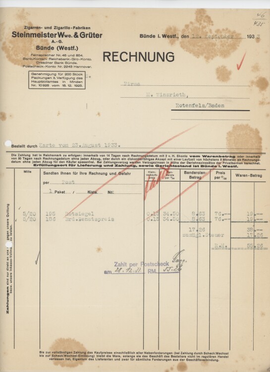 Firma M. Winzrieth (Kaufhaus)an Steinmeister Wwe. & Grüter- Rechnung - 12.09.1933