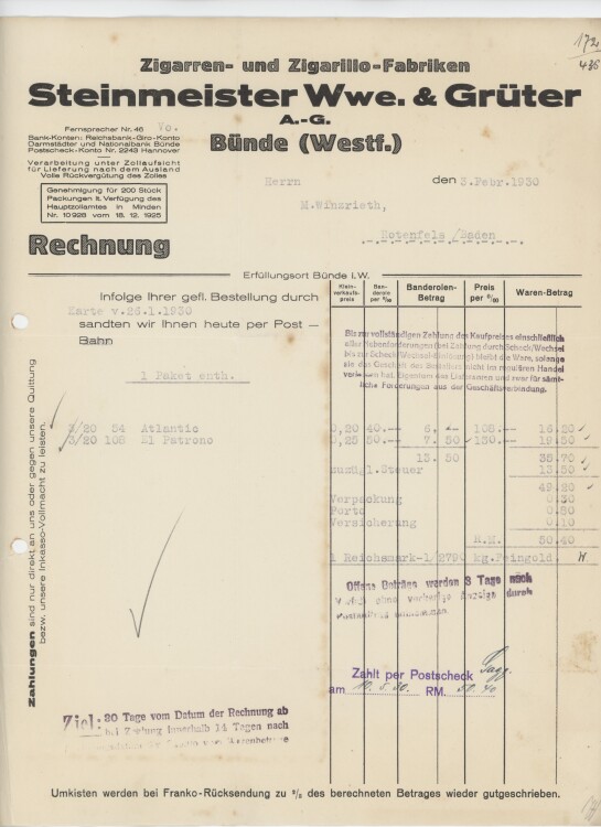 Firma M. Winzrieth (Kaufhaus)an Steinmeister Wwe. & Grüter- Rechnung - 03.02.1930