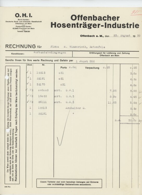 Firma M. Winzrieth (Kaufhaus)an Offenbacher Hosenträger-Industrie- Rechnung - 23.08.1938