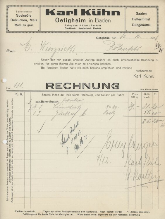 Firma M. Winzrieth (Kaufhaus)an Karl Kühn- Rechnung...