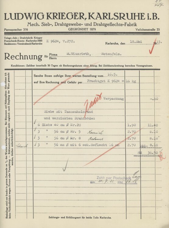 Firma M. Winzrieth (Kaufhaus)an Ludiwg Krieger- Rechnung...