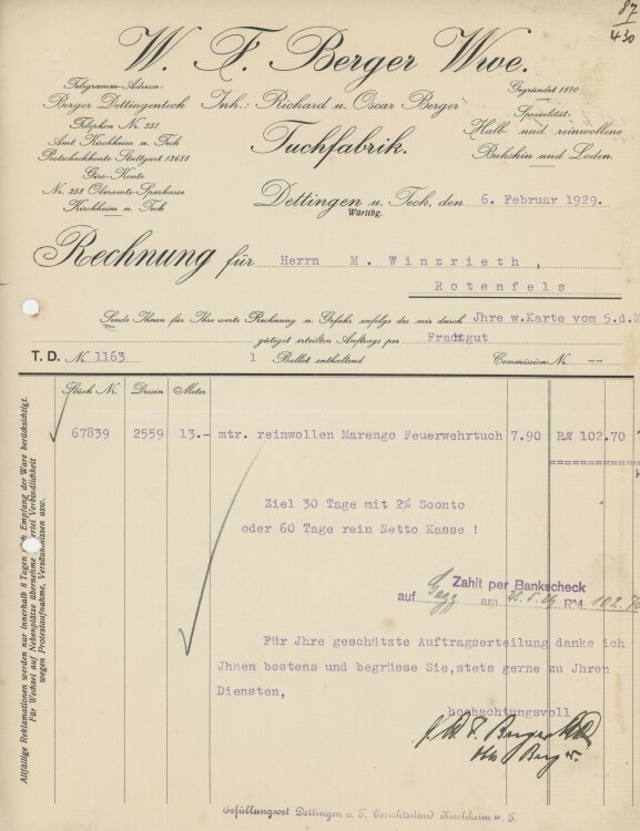 Firma M. Winzrieth (Kaufhaus)an W. F. Berger Wwe- Rechnung - 06.02.1929