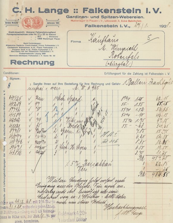 Firma M. Winzrieth (Kaufhaus)an C. H. Lange Gardinen- und Spitzen-Webereien- Rechnung - 27.01.1928