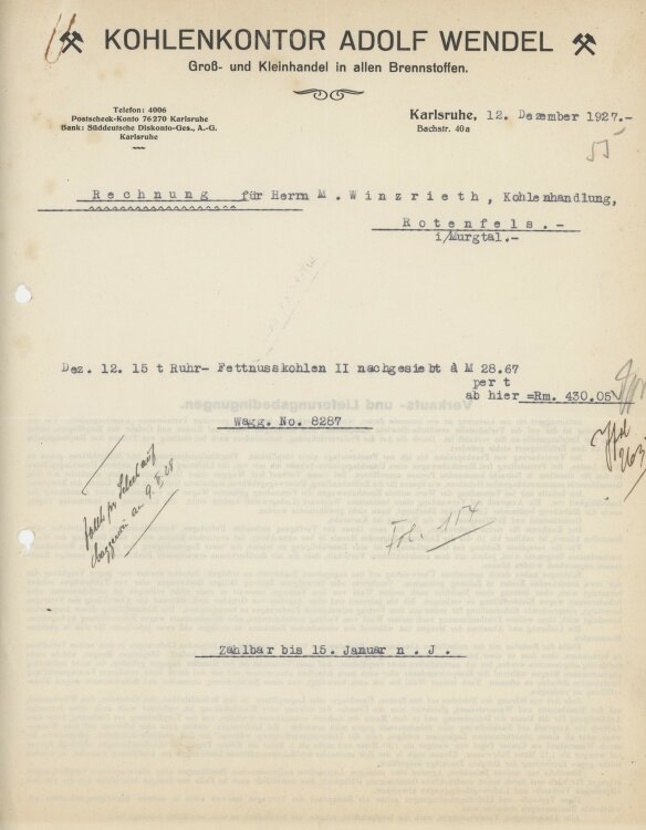 Firma M. Winzrieth (Kaufhaus)an Kohlenkontor Adolf Wendel- Rechnung - 12.12.1927