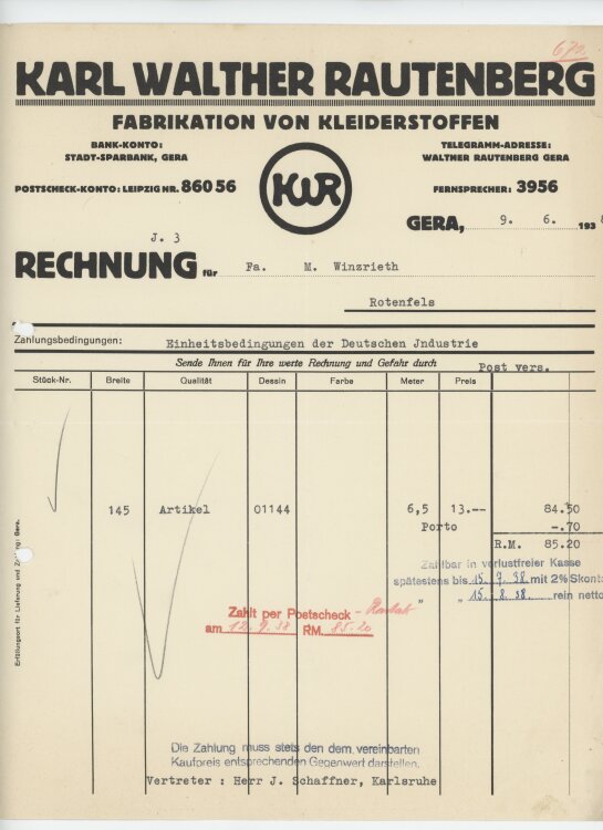 Firma M. Winzrieth (Kaufhaus)an Karl Walther- Rechnung - 09.06.1938