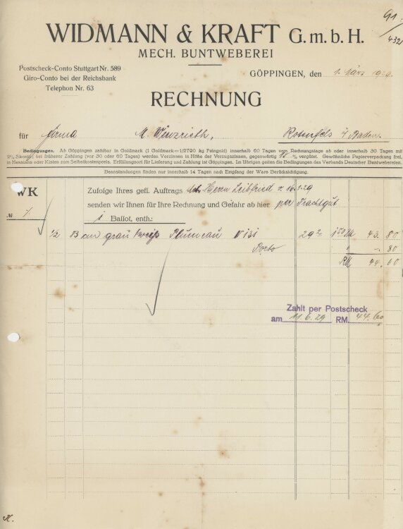 Firma M. Winzrieth (Kaufhaus)an Widmann & Kraft GmbH- Rechnung - 01.03.1929