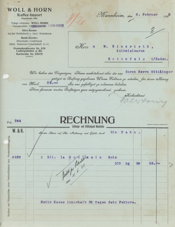 Firma M. Winzrieth (Kaufhaus)an Woll & Horn- Rechnung - 06.02.1928