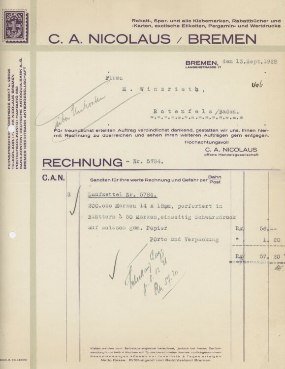 Firma M. Winzrieth (Kaufhaus)an C. A. Nicolaus- Rechnung - 13.09.1928