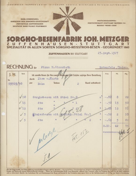 Firma M. Winzrieth (Kaufhaus)an Sorgho-Besenfabrik Joh. Metzger- Rechnung - 23.09.1927