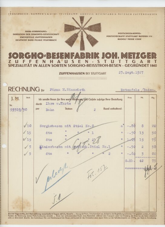 Firma M. Winzrieth (Kaufhaus)an Sorgho-Besenfabrik Joh. Metzger- Rechnung - 23.09.1927