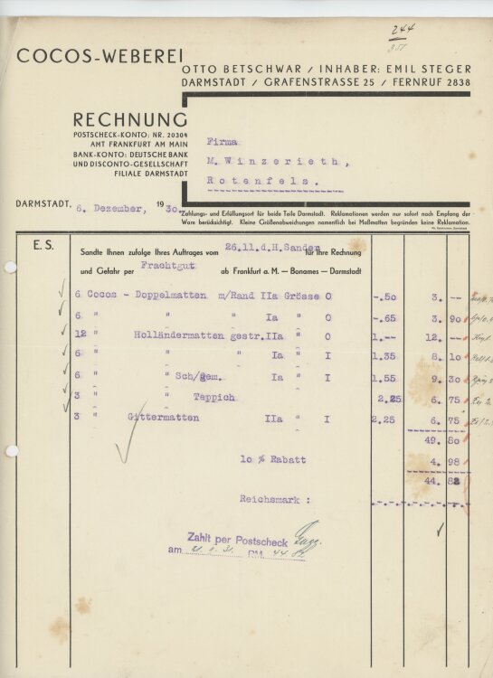 Firma M. Winzrieth (Kaufhaus)an Cocos-Weberei- Rechnung - 06.12.1930