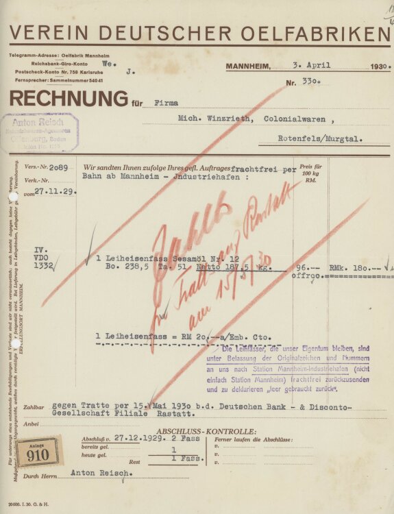 Firma M. Winzrieth (Kaufhaus)an Verein Deutscher Oelfabriken.- Rechnung - 03.04.1930