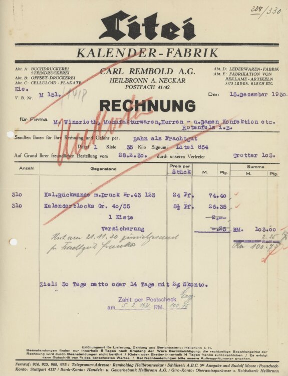 Firma M. Winzrieth (Kaufhaus)an Carl Rembold AG- Rechnung - 15.12.1930