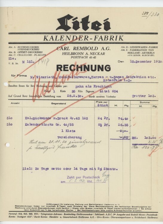 Firma M. Winzrieth (Kaufhaus)an Carl Rembold AG- Rechnung - 15.12.1930