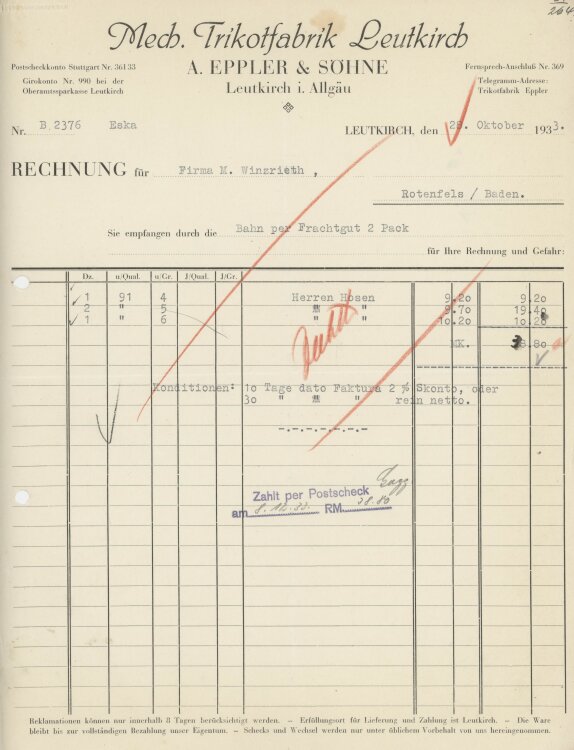 Firma M. Winzrieth (Kaufhaus)an A. Eppler & Söhne- Rechnung - 28.10.1933