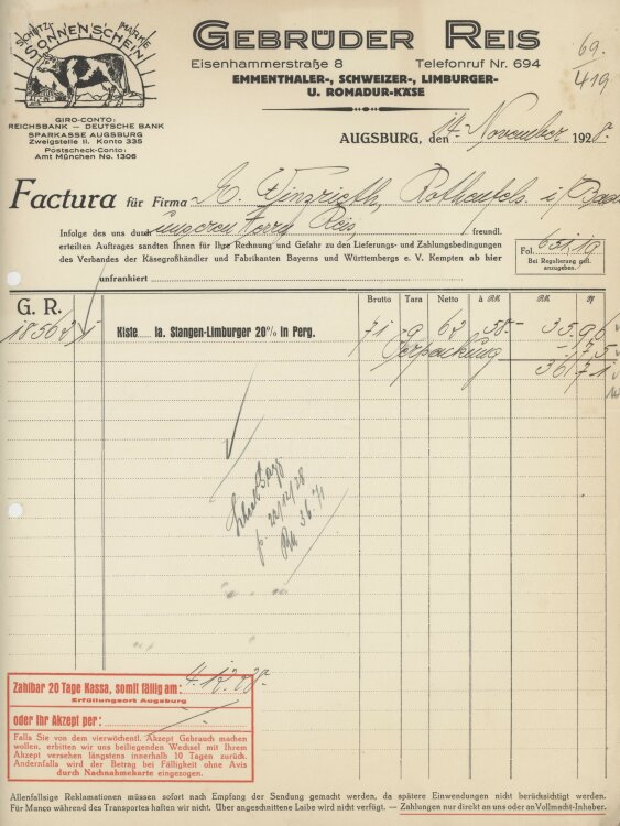 Firma M. Winzrieth (Kaufhaus)an Gebrüder Reis- Rechnung - 14.11.1928