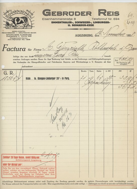 Firma M. Winzrieth (Kaufhaus)an Gebrüder Reis- Rechnung - 14.11.1928