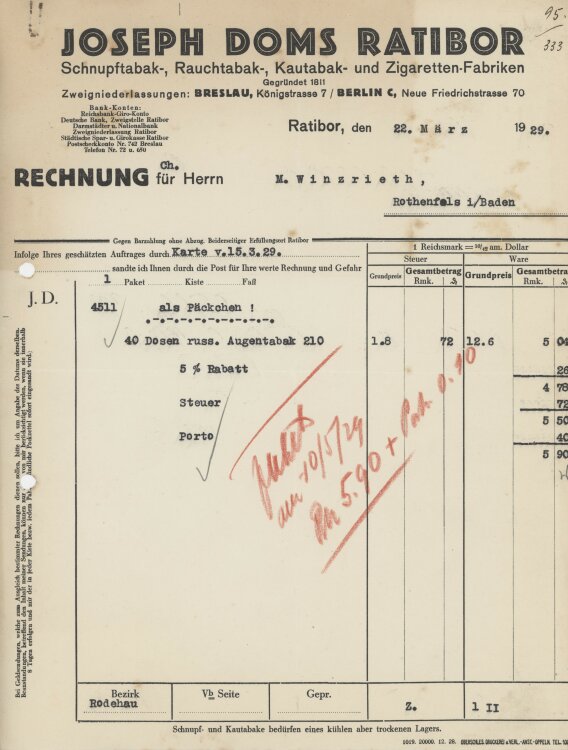 Firma M. Winzrieth (Kaufhaus)an Joseph Doms- Rechnung - 22.03.1929