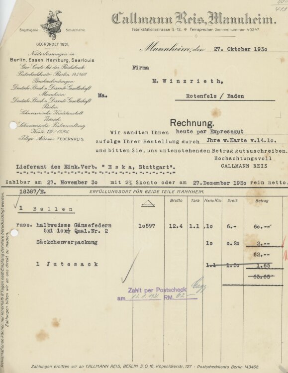 Firma M. Winzrieth (Kaufhaus)an Callmann Reis- Rechnung - 27.10.1930