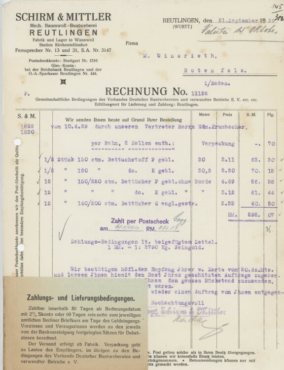 Firma M. Winzrieth (Kaufhaus)an Schirm & Mittler Mechanische Baumwoll-Buntweberei- Rechnung - 21.09.1929