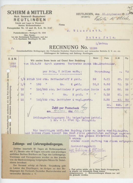 Firma M. Winzrieth (Kaufhaus)an Schirm & Mittler Mechanische Baumwoll-Buntweberei- Rechnung - 21.09.1929